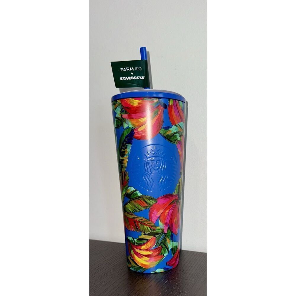 STARBUCKS FARM RIO STAINLESS STEEL 24oz BANANA MIX Radiant Blue Floral New gift‎